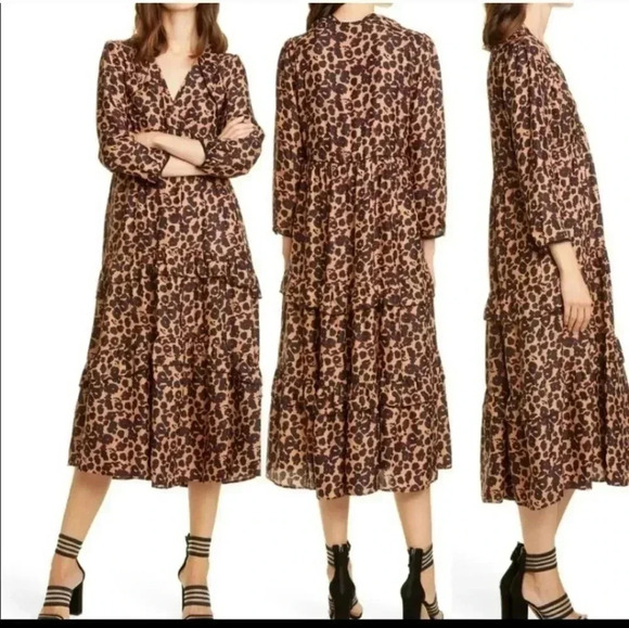 Ba&SH Tracy Animal Leopard Print Ruffle Tiered Midi Dress(XS) - Picture 5 of 12